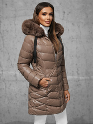 Kurtka zimowa damska długa z futerkiem ciemno-beżowa OZONEE JS/5M3139/84