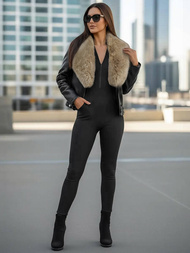 Жіноча шкіряна Kуртка Чорно-Бежева OZONEE JS/61M8508/392BZ