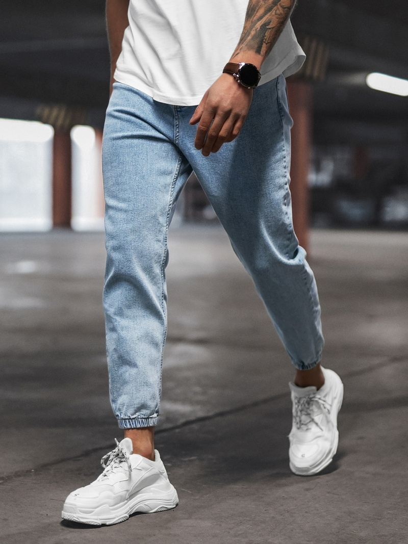 Spodnie jeansowe joggery męskie jasno-niebieskie OZONEE DP/780Z