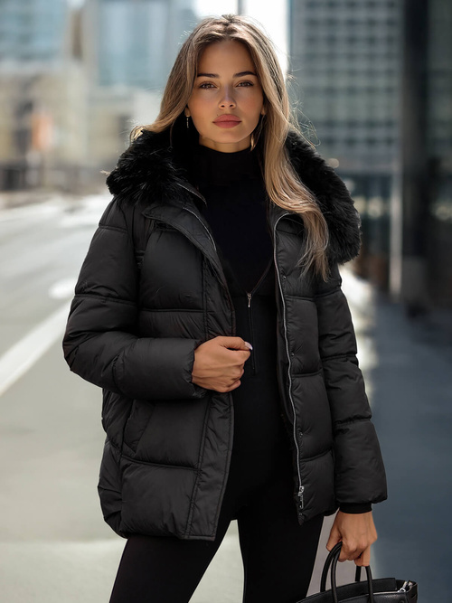 Kurtka zimowa damska z futerkiem czarna OZONEE JS/5M3256/392Z