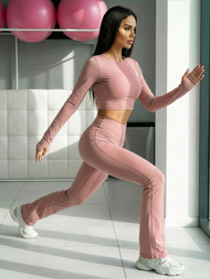 Legginsy damskie z szeroką nogawką pudrowe OZONEE JS/17K588/7Z