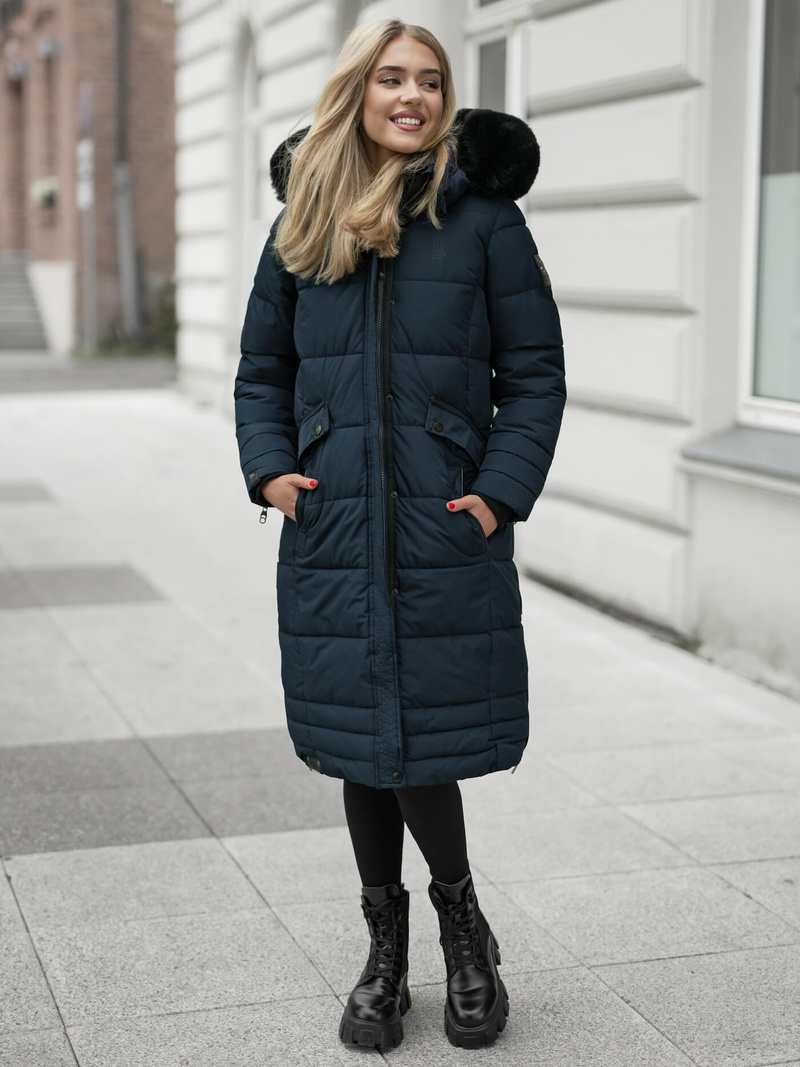 Kurtka zimowa damska długa pikowana granatowa OZONEE O/W377