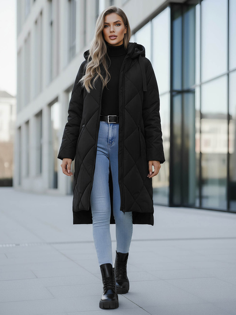 Kurtka zimowa damska długa pikowana czarna OZONEE JS/5M3168/392Z