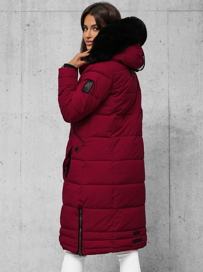 Kurtka zimowa damska długa pikowana bordowa OZONEE O/W377
