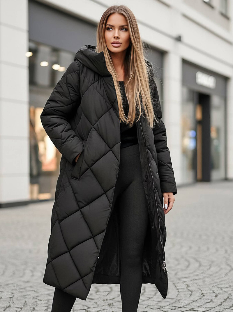 Kurtka zimowa damska długa pikowana czarna OZONEE JS/5M3173/392Z