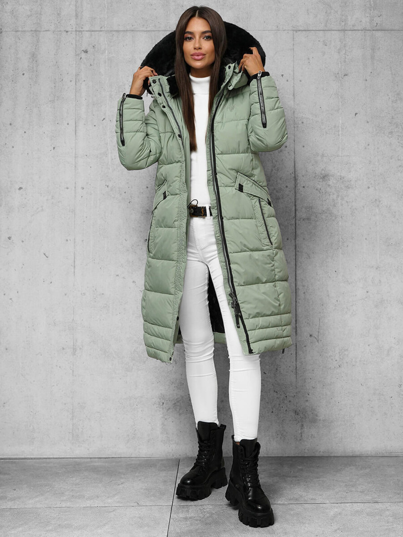 Kurtka zimowa damska długa pikowana miętowa OZONEE O/W377