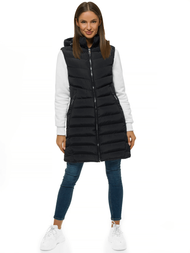 Kamizelka damska długa pikowana z kapturem czarna OZONEE N/6811/1