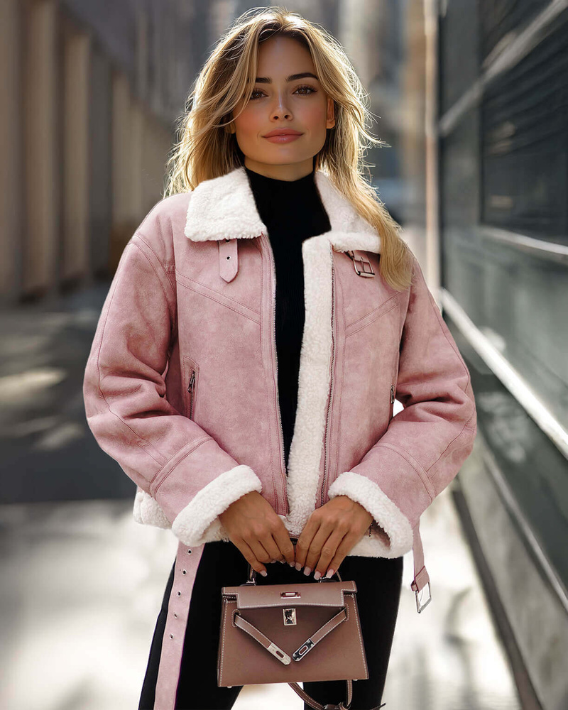 Kurtka skórzana damska z kożuchem pudrowa OZONEE O/81331Z