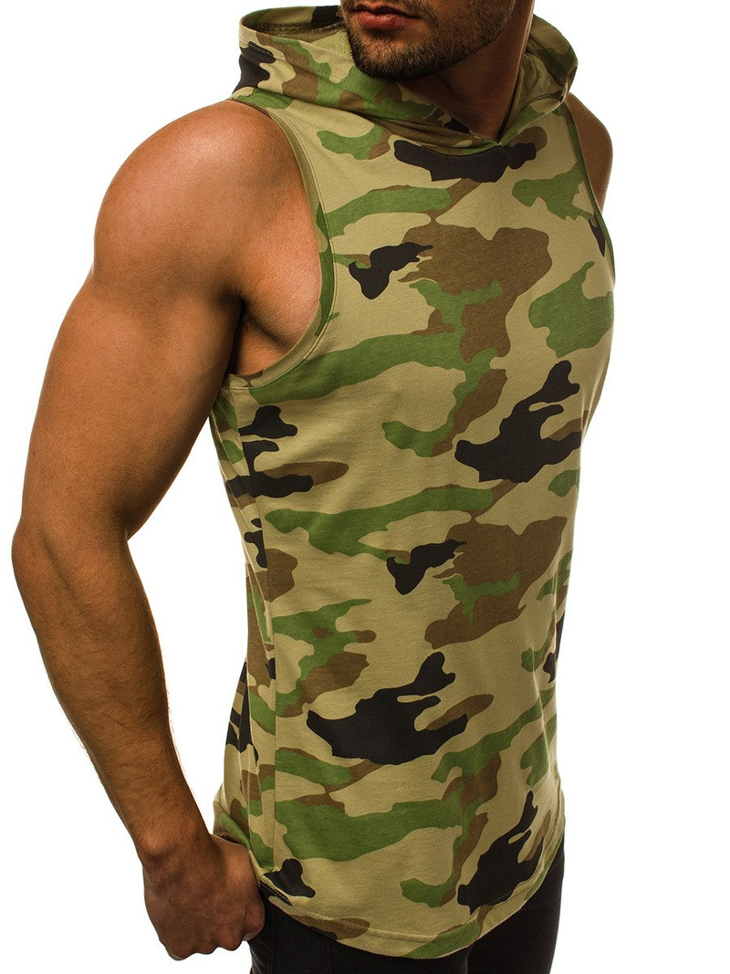 Koszulka bez rękawów z kapturem męska zielony-moro OZONEE O/2537