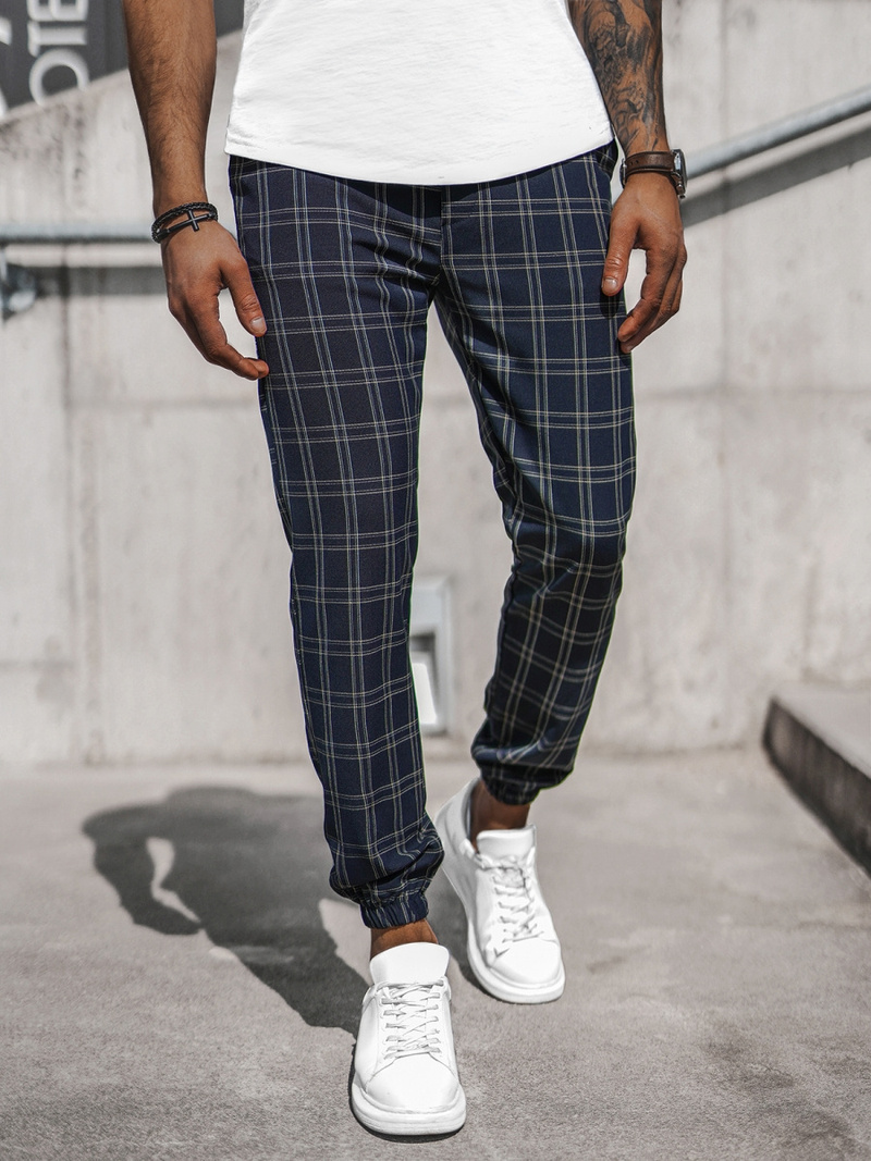 Spodnie męskie chino joggery w kratę granatowe OZONEE DJ/2288/22Z
