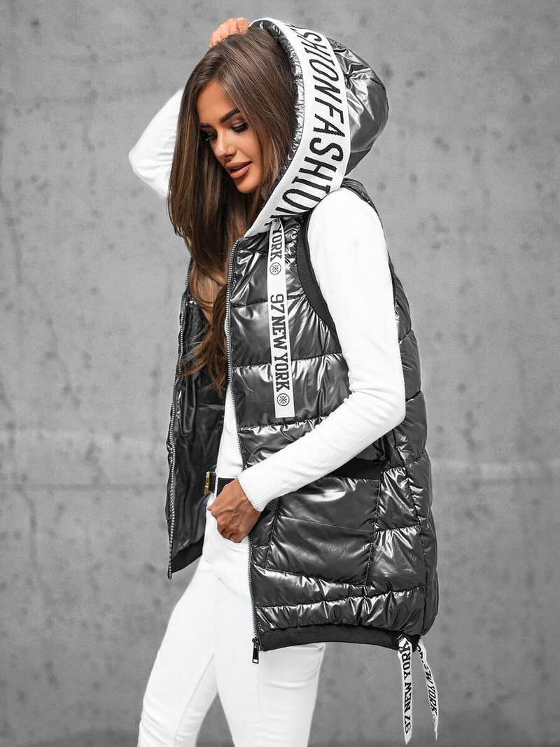 Kamizelka damska długa pikowana z kapturem grafitowa OZONEE JS/16M9115/105Z