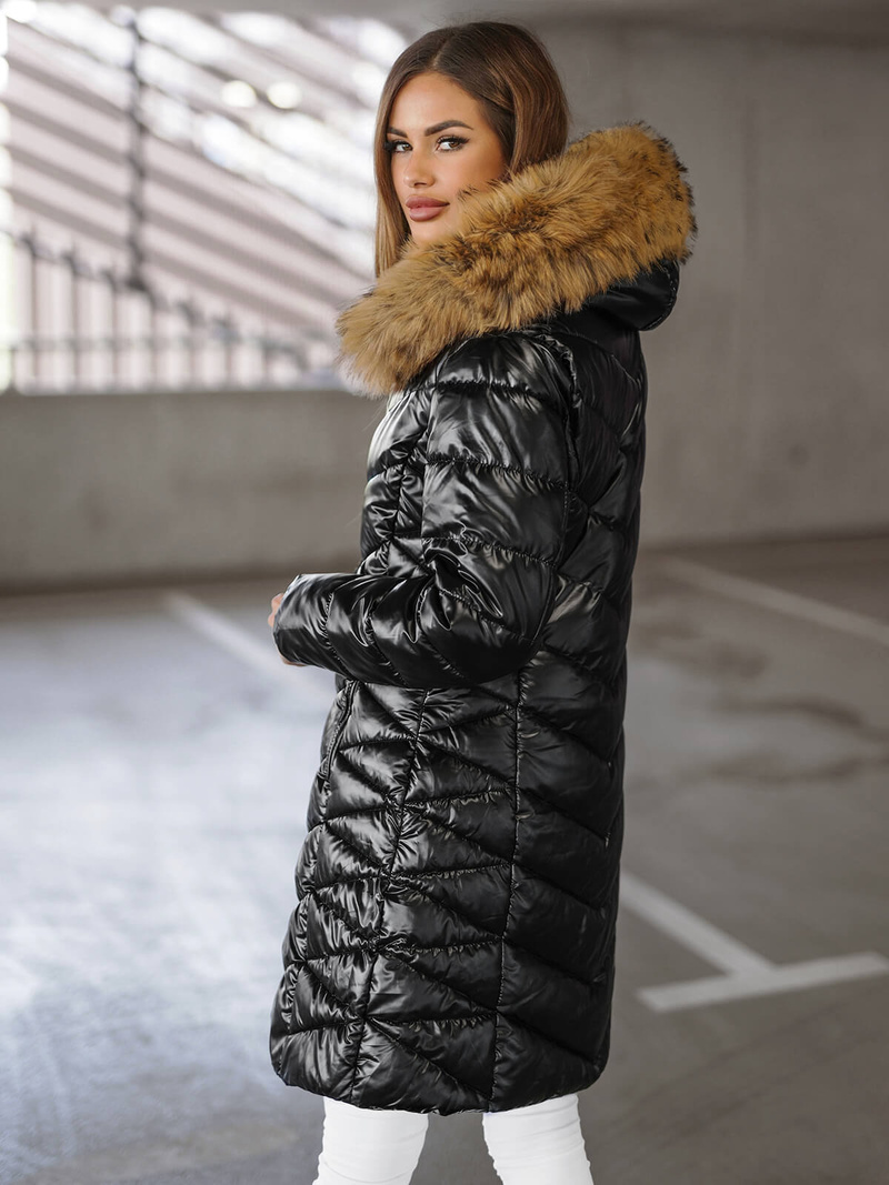 Kurtka zimowa damska długa z futerkiem czarno-brązowa OZONEE JS/16M9100/392BZ