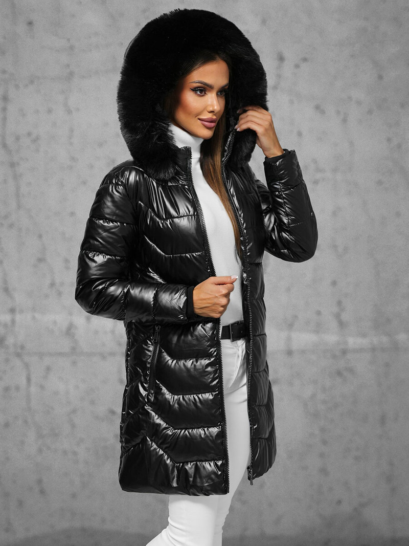 Kurtka zimowa damska długa z futerkiem czarna OZONEE JS/16M9122/392