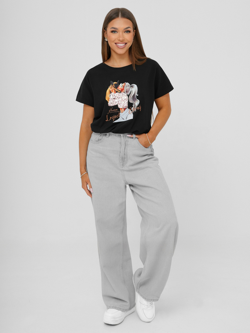 T-shirt damski z nadrukiem czarny OZONEE JS/95T2575/3