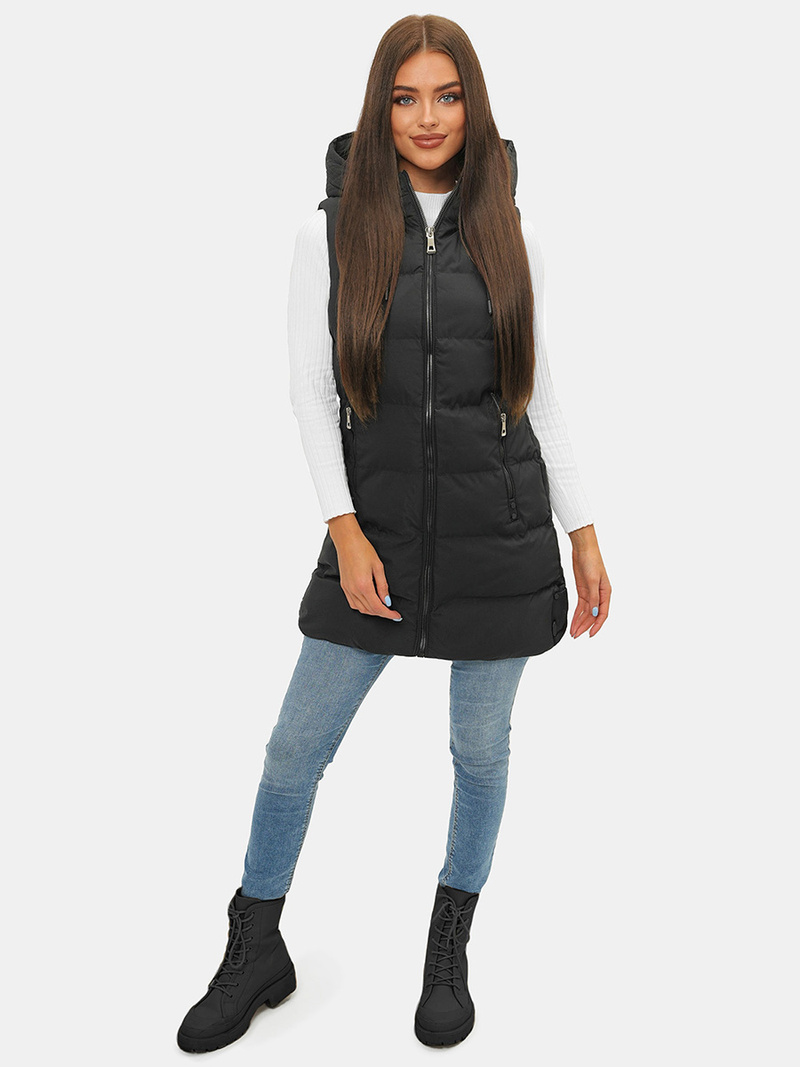 Kamizelka damska długa pikowana z kapturem czarna OZONEE N/7046