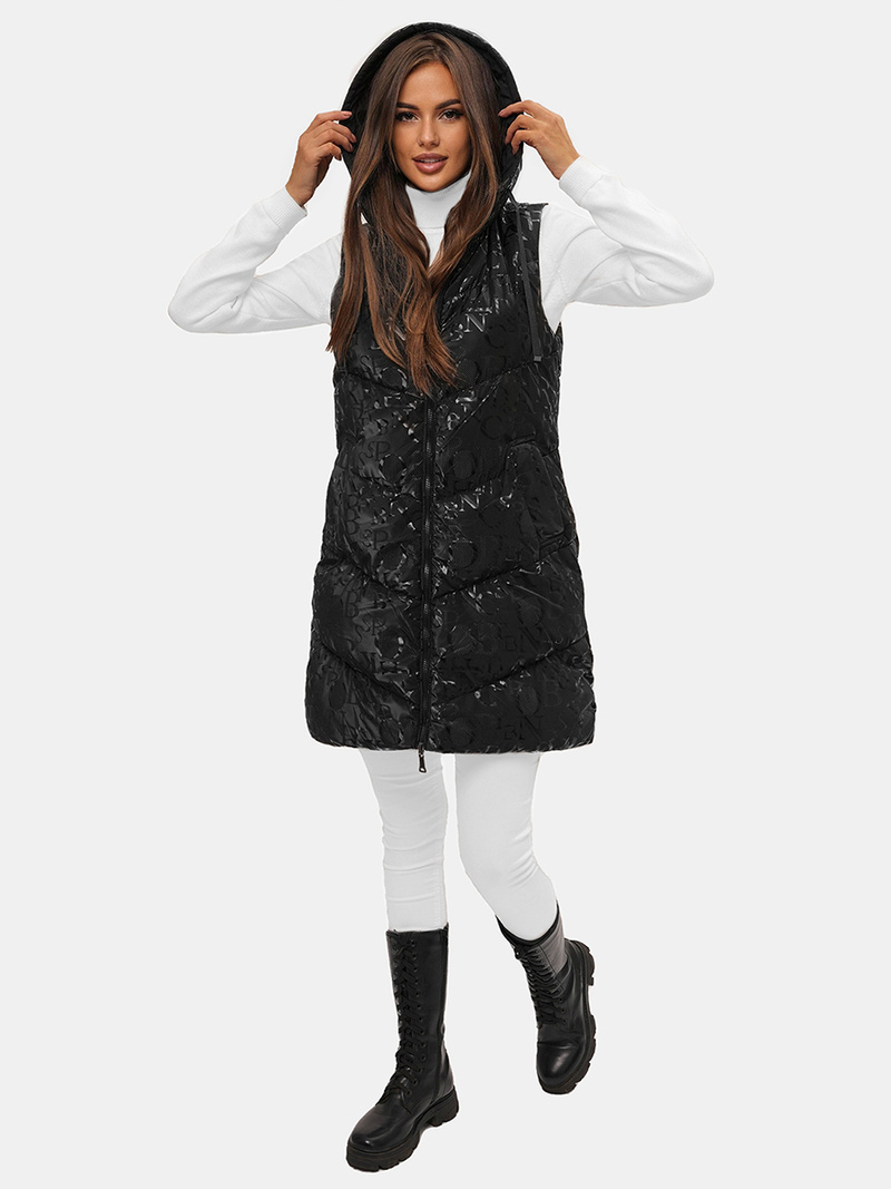 Kamizelka damska dwustronna długa pikowana z kapturem czarna OZONEE O/DK118/1