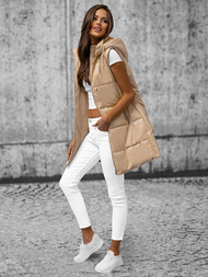 Kamizelka damska długa skórzana beżowa OZONEE O/AY756Z