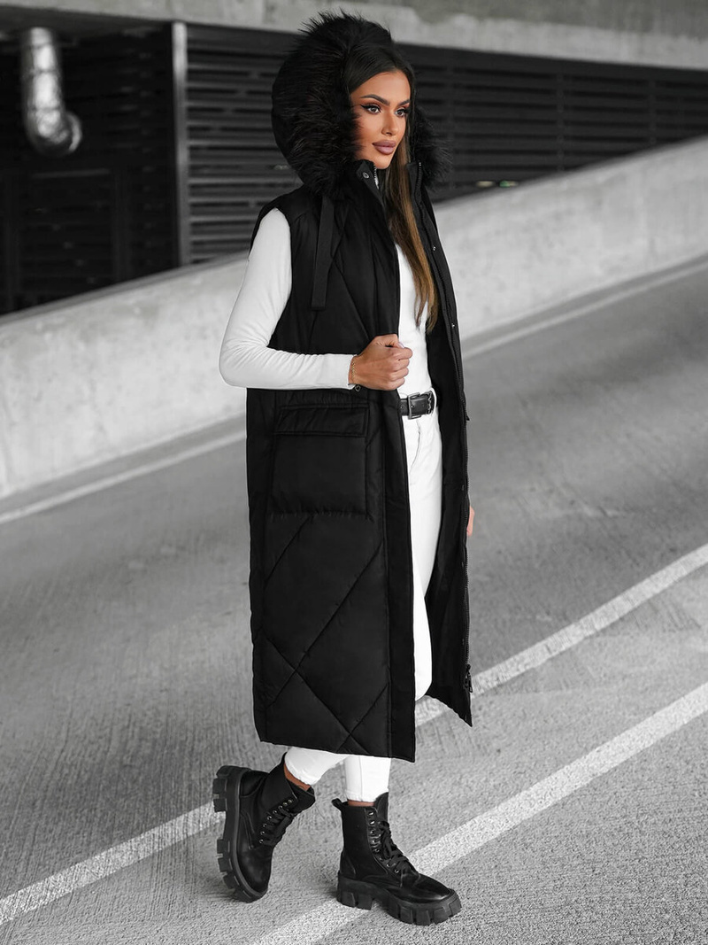 Kamizelka damska długa pikowana z futerkiem czarna OZONEE JS/5M3166/392Z