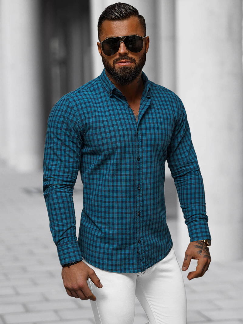 Koszula męska w kratę niebieska OZONEE O/V96