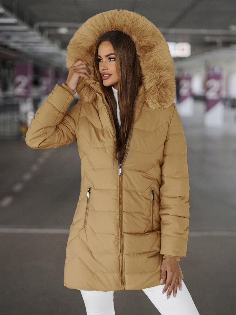 Kurtka zimowa damska długa z futerkiem beżowa OZONEE JS/16M9121/62Z