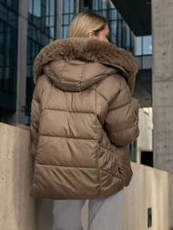 Kurtka zimowa damska z futerkiem ciemno-beżowa OZONEE O/16M9179/84Z