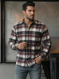 Koszula męska w kratę bordowa OZONEE V/V174Z