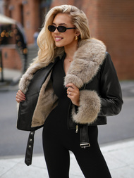 Жіноча шкіряна Kуртка Чорно-Бежева OZONEE JS/61M8511/392B