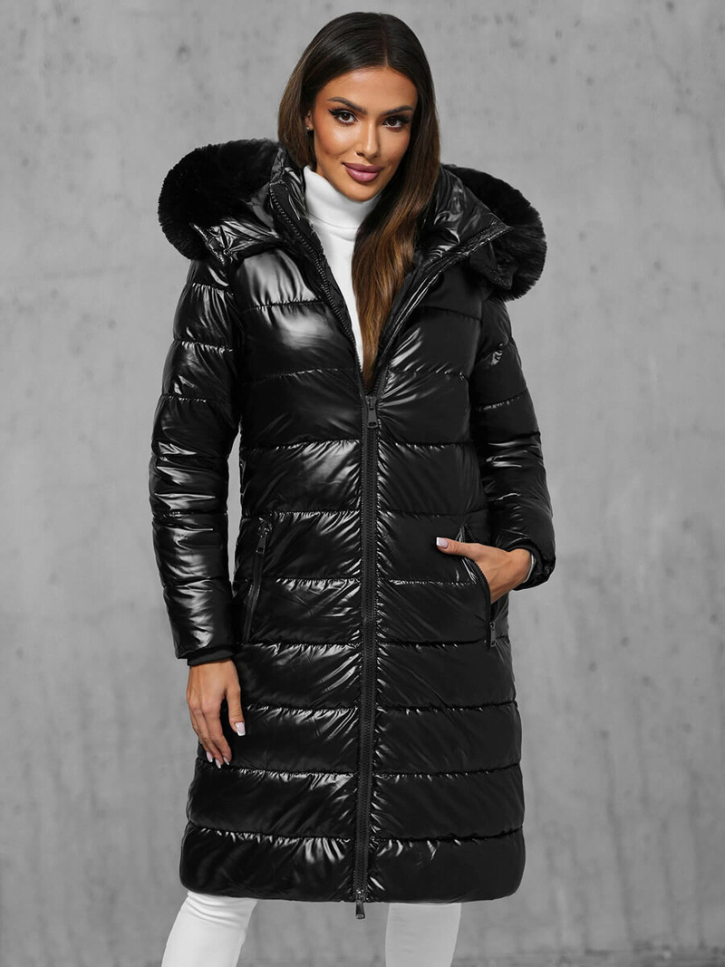 Kurtka zimowa damska długa z futerkiem czarna OZONEE JS/16M9127/392