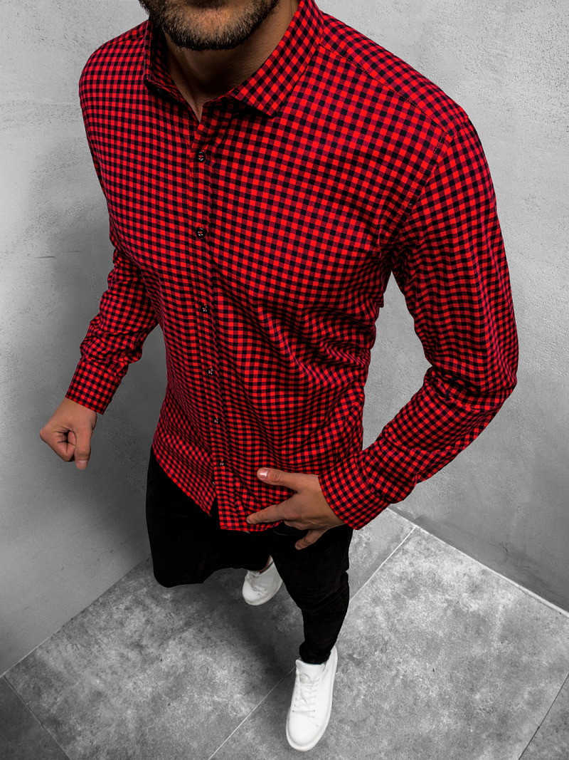 Koszula męska w kratę czerwono-czarna OZONEE O/3011/19