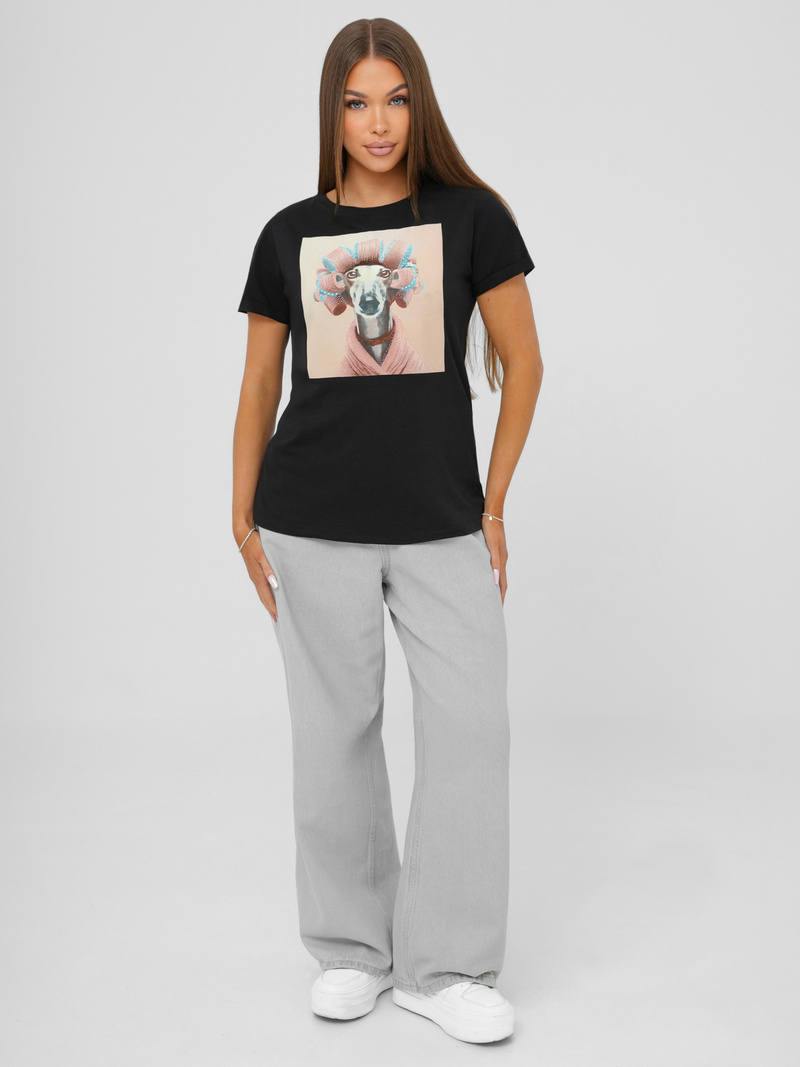 T-shirt damski z nadrukiem czarno-różowy OZONEE JS/YJ77726