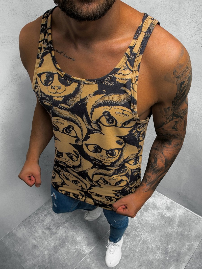 Koszulka bez rękawów męska z nadrukiem czarno-beżowa OZONEE O/BL123