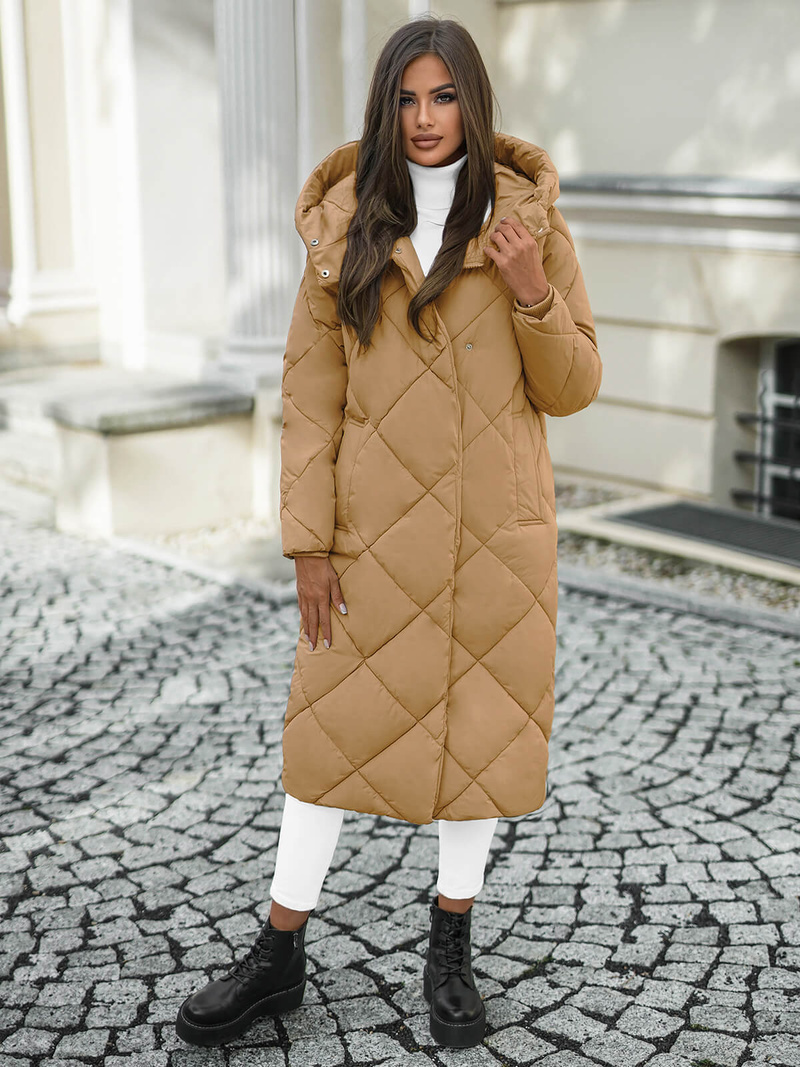 Kurtka zimowa damska długa pikowana camelowa OZONEE JS/5M3173/84Z