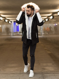 Kurtka zimowa męska parka z futerkiem czarno-biała OZONEE O/5832