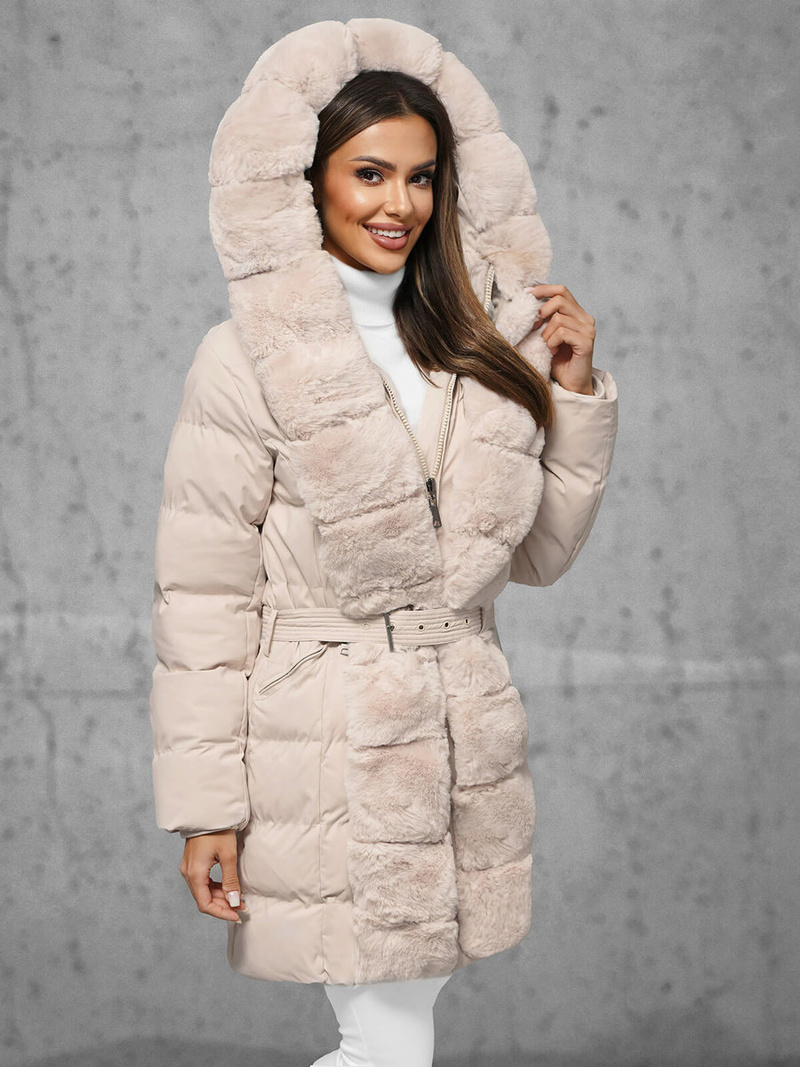 Kurtka zimowa damska długa z futerkiem ecru OZONEE JS/5M3158/254