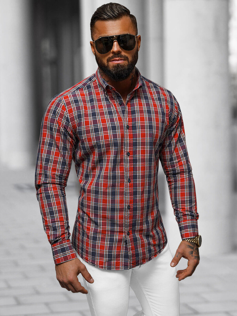 Koszula męska w kratę czerwona OZONEE O/V100