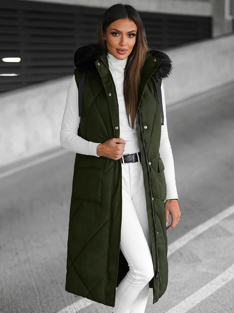 Kamizelka damska długa pikowana z futerkiem ciemno-zielona OZONEE JS/5M3166/136Z