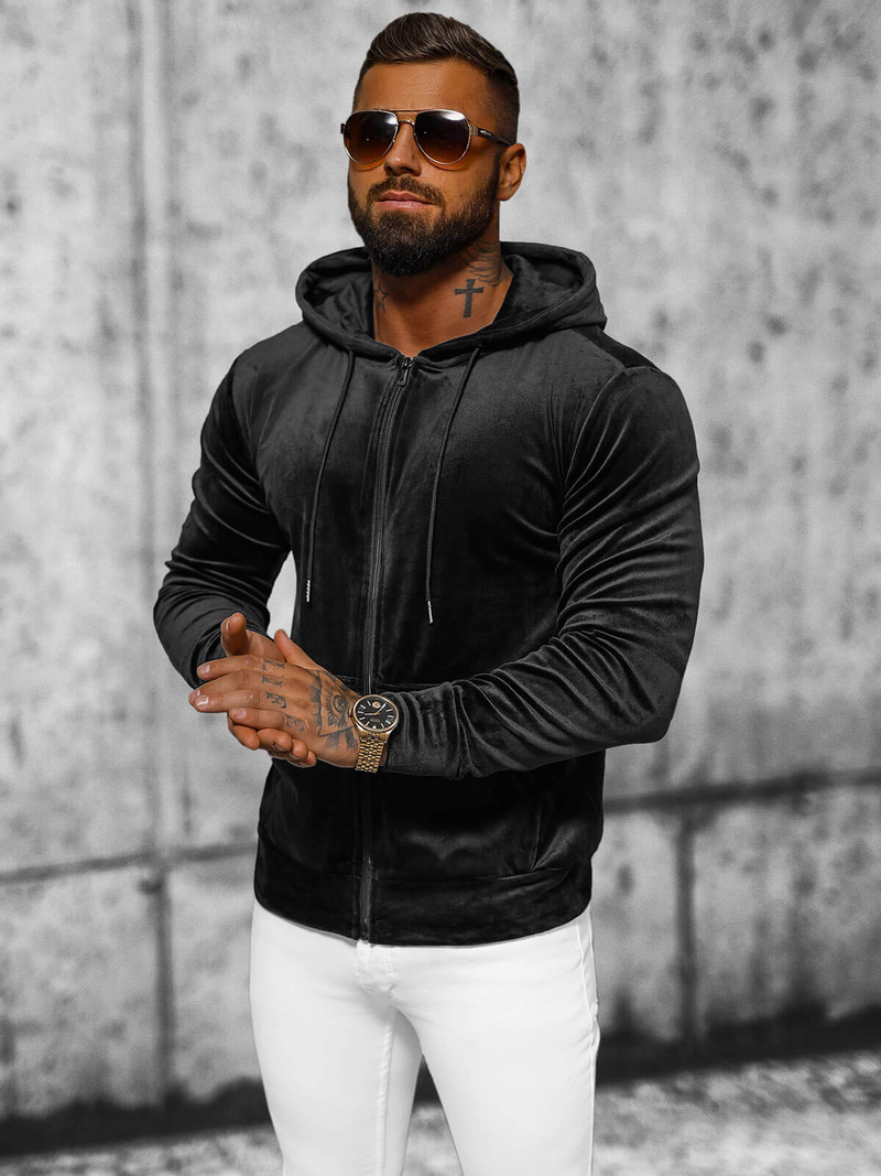 Bluza welurowa męska z kapturem czarna OZONEE JS/8B1168/3