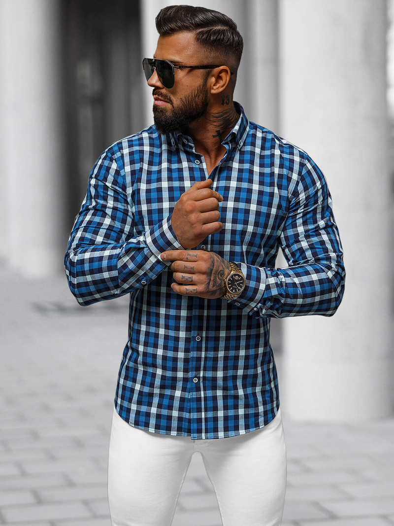 Koszula męska w kratę granatowa OZONEE O/V97