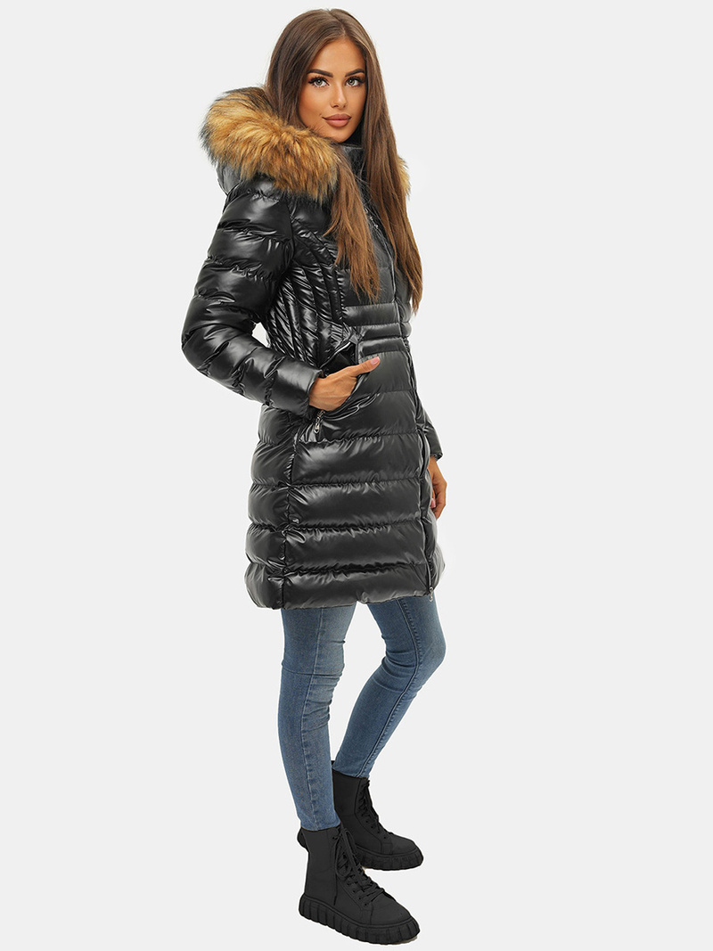 Kurtka zimowa damska z futerkiem czarno-brązowa OZONEE JS/M777/392B