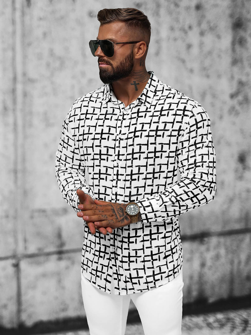 Koszula męska biało-czarna OZONEE E/9000/1Z