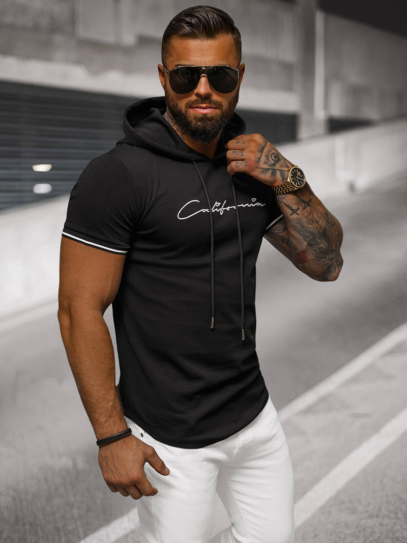 T-shirt męski z kapturem czarny OZONEE O/T7170