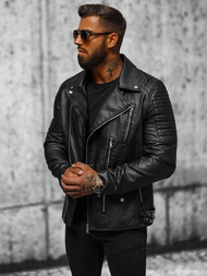 Чоловіча шкіряна куртка Чорна OZONEE JS/11Z8026