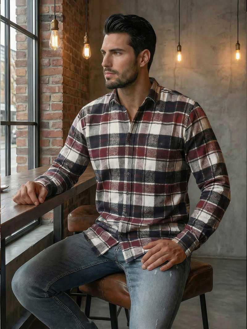 Koszula męska w kratę bordowa OZONEE V/V174Z