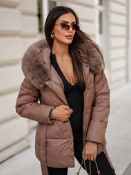 Kurtka zimowa damska z futerkiem ciemno-beżowa OZONEE JS/16M9206/84