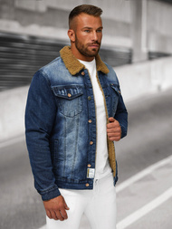 Kurtka męska jeansowa sherpa ciemno-niebieska OZONEE NB/MJ520BSZ
