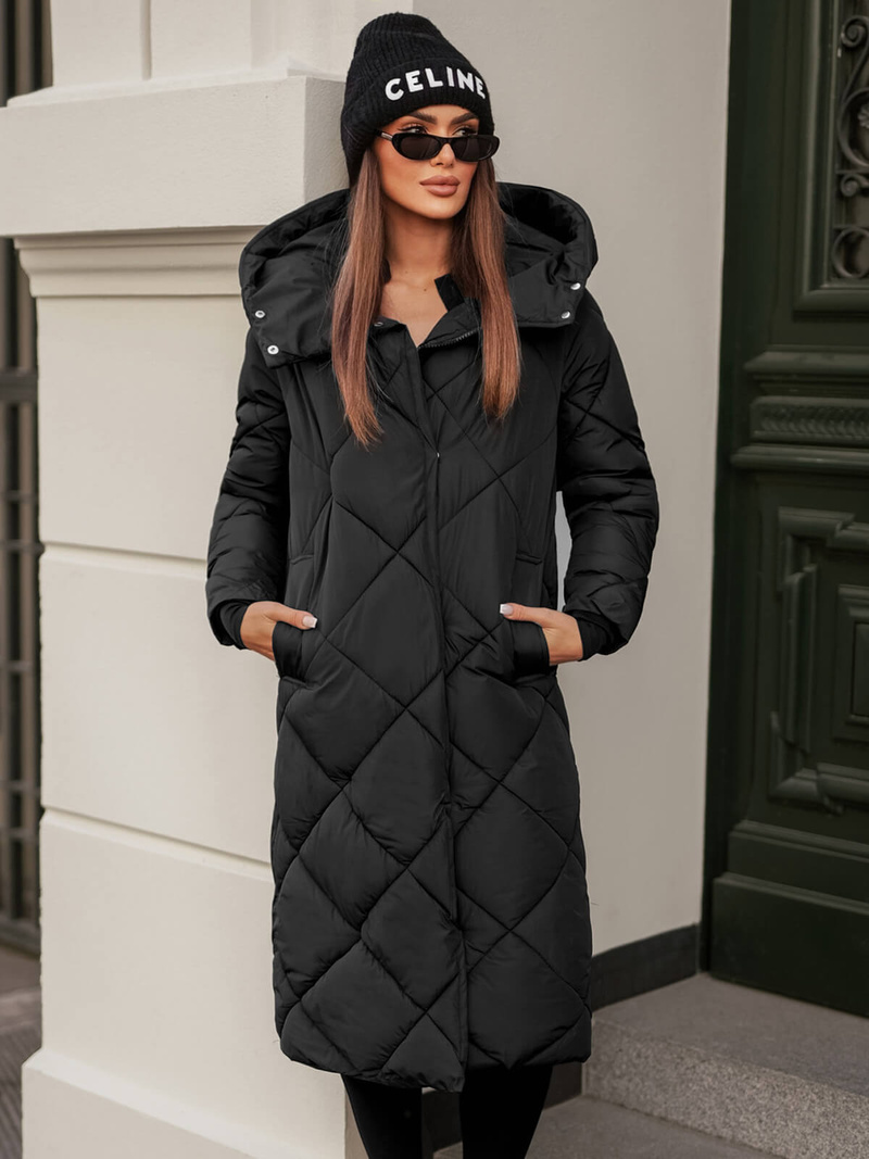 Kurtka zimowa damska długa pikowana czarna OZONEE JS/5M3173/392Z