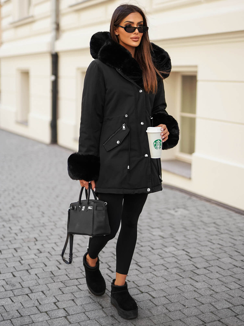 Kurtka zimowa damska z futerkiem czarna OZONEE JS/16M9062/392Z