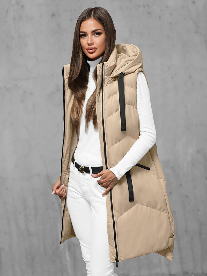 Kamizelka damska długa pikowana z kapturem beżowa OZONEE JS/M788/62Z