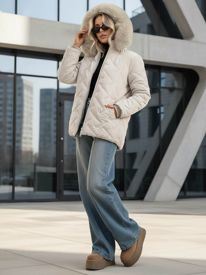 Kurtka zimowa damska z futerkiem jasno-szara OZONEE JS/16M9296/280