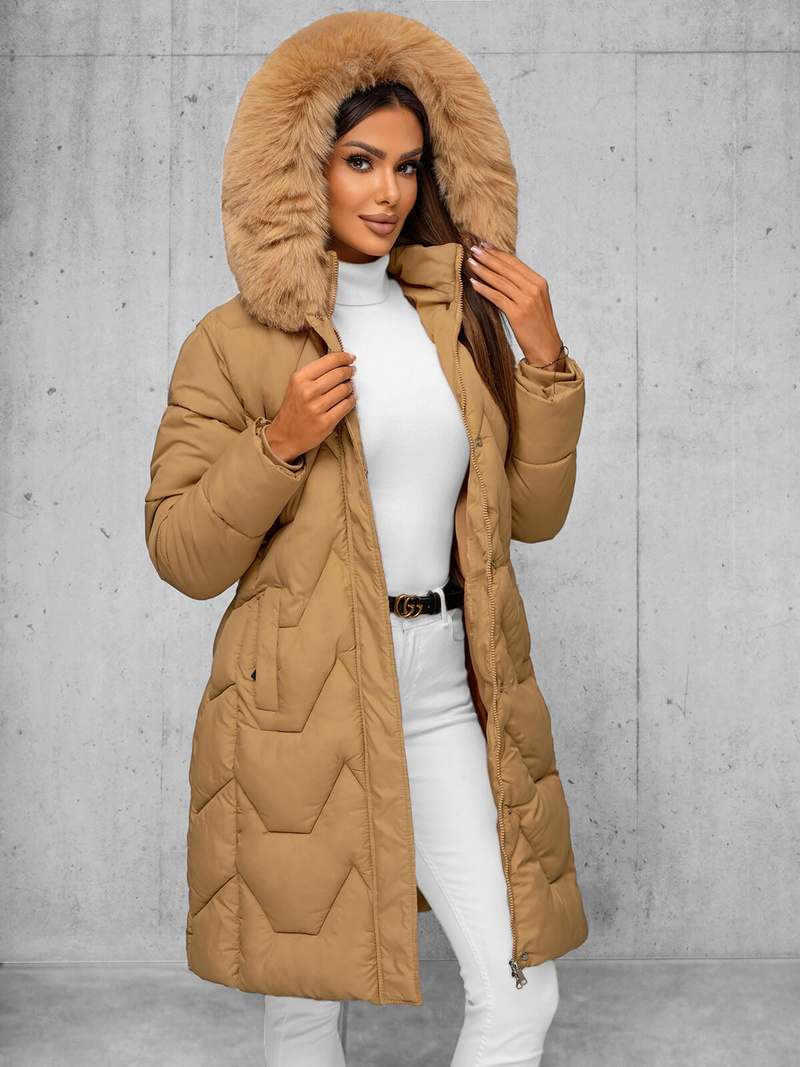 Kurtka zimowa damska długa z futerkiem beżowa OZONEE JS/16M9202/62Z